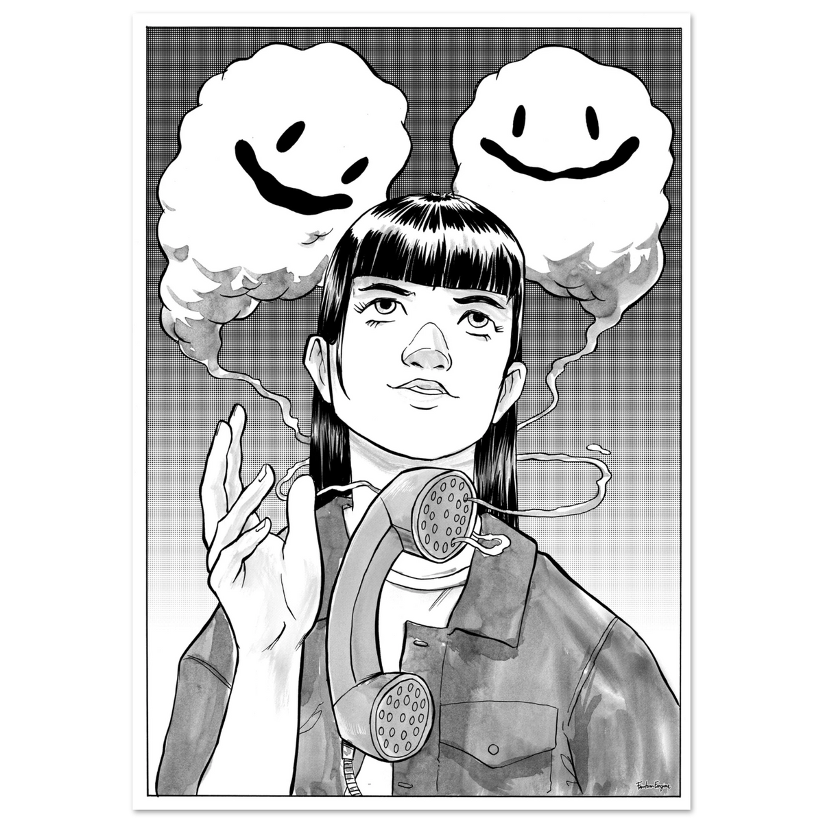 "My New Friends" hand-inked black and white manga print, Take The Call series by Fantom ENGINE