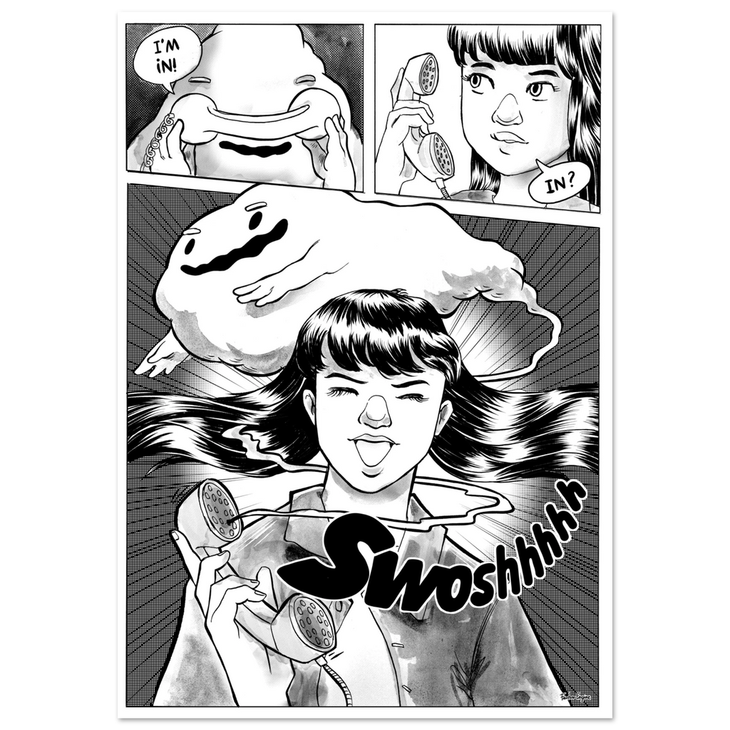 "A Stranger Calls" hand-inked black and white manga print, Take The Call series by Fantom ENGINE