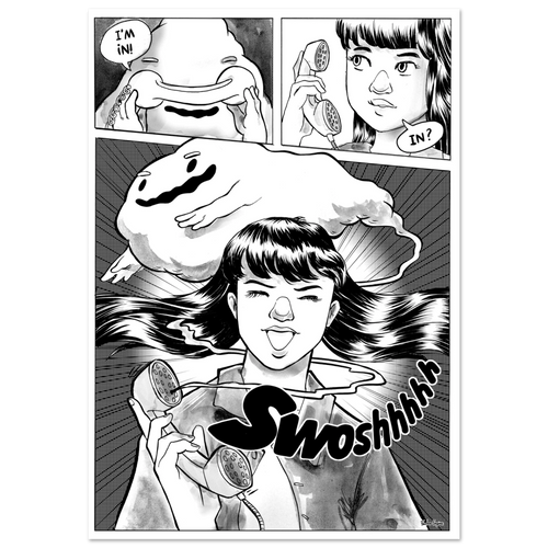 "A Stranger Calls" hand-inked black and white manga print, Take The Call series by Fantom ENGINE